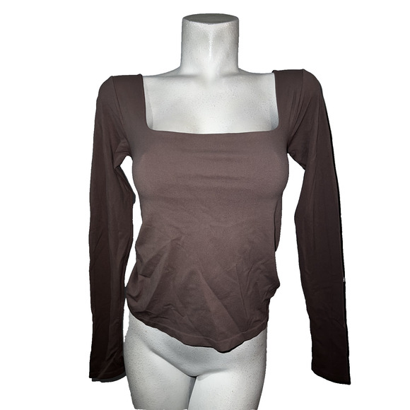 Free People Tops - Free People Intimately Top Sz L/XL Brown Square Neck Stretch LS Shelf Bra Shirt